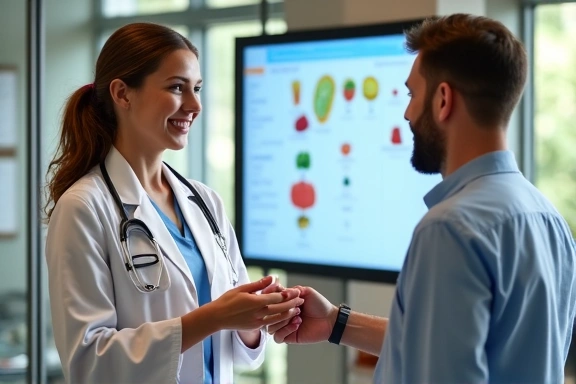 A nutritionist consulting with a client, pointing to a healthy eating chart, symbolizing individual consultations.