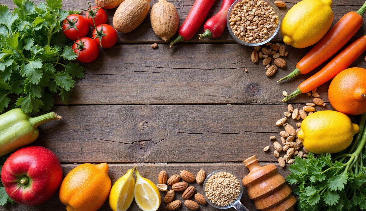 Fresh fruits, vegetables, and whole grains arranged artfully on a wooden table, symbolizing healthy eating and a balanced lifestyle.