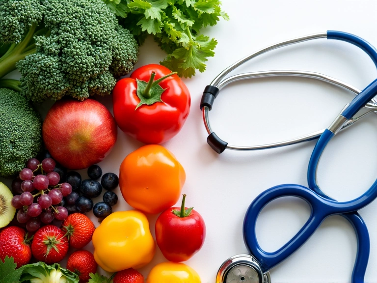 Various healthy foods and medical charts, representing nutrition for specific conditions